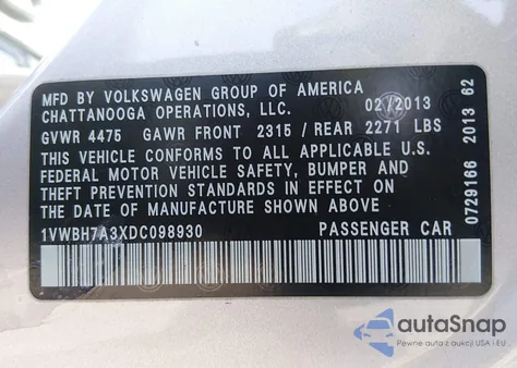 2013 Volkswagen Passat 2.5L Se from USA, damaged, VIN 1VWBH7A3XDC098930